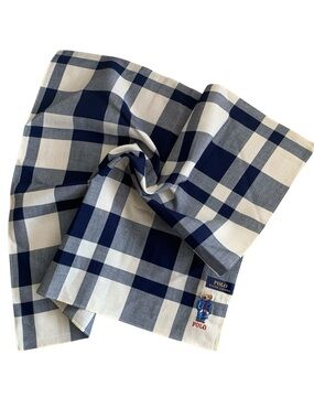 Polo Ralph Lauren Bear Pocket Square NWT 19" Blue Plaid 100% Cotton Handkerchief